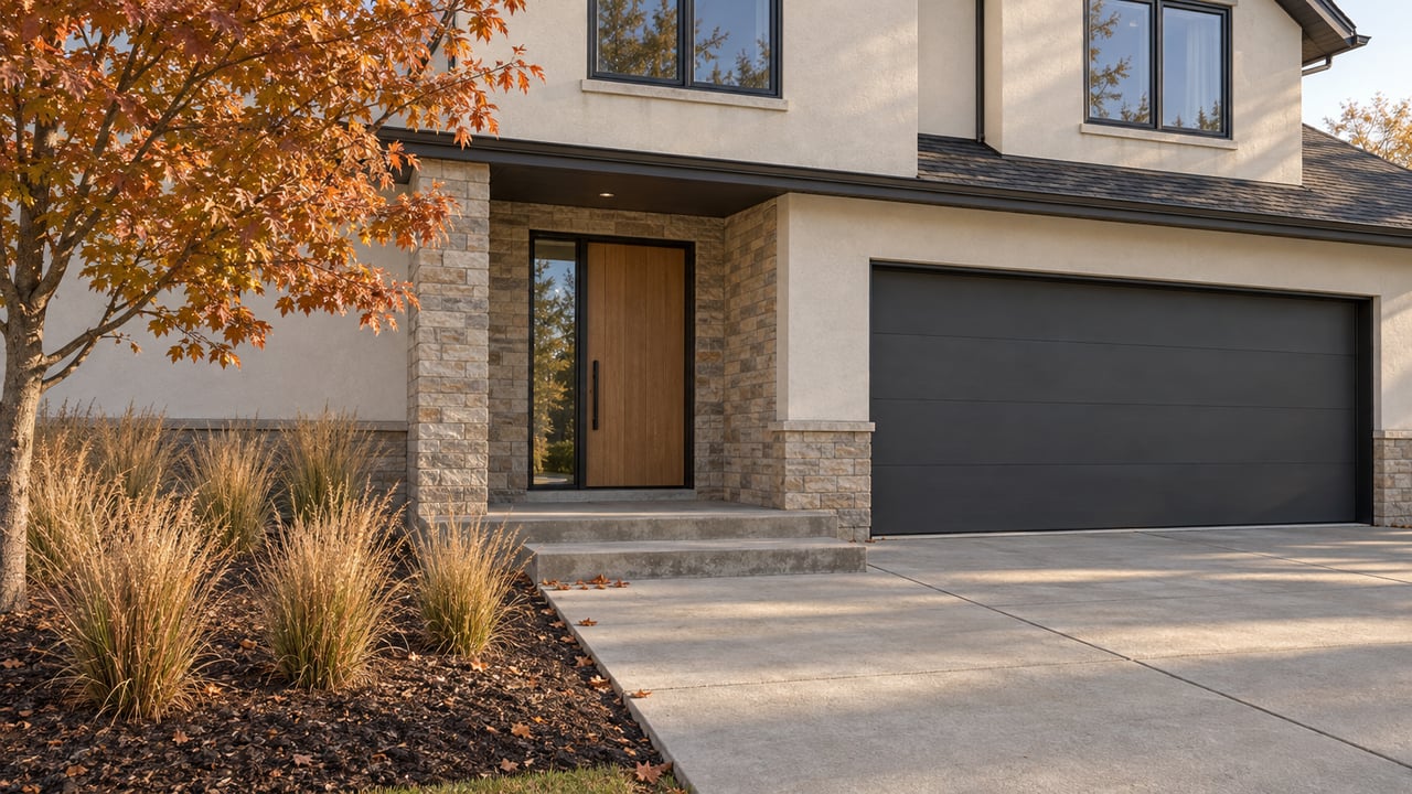 Warm ivory stucco and buff stone home with an oak entry door, charcoal garage, and copper autumn maple beside a concrete approach.