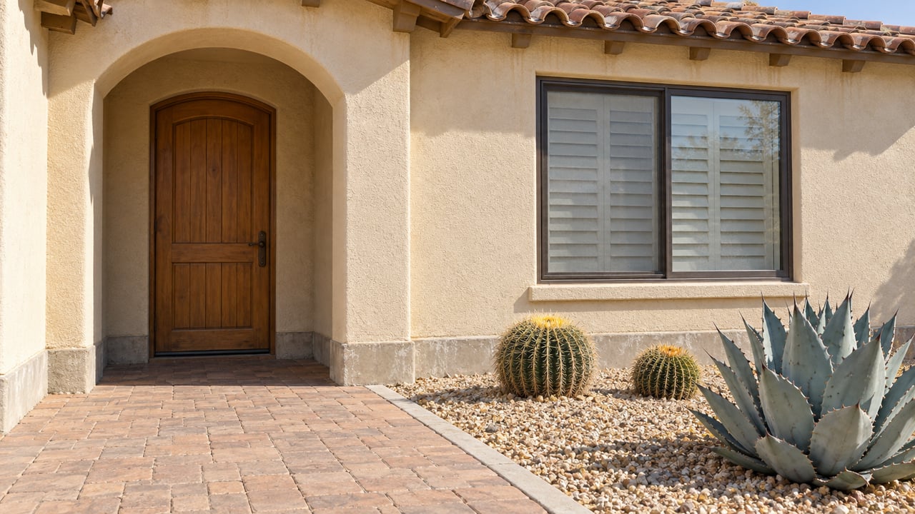 Morning sunlight on a stucco home's arched wood-door entry, clay tile eave, paver walk, and gravel bed planted with an agave and two barrel cacti.