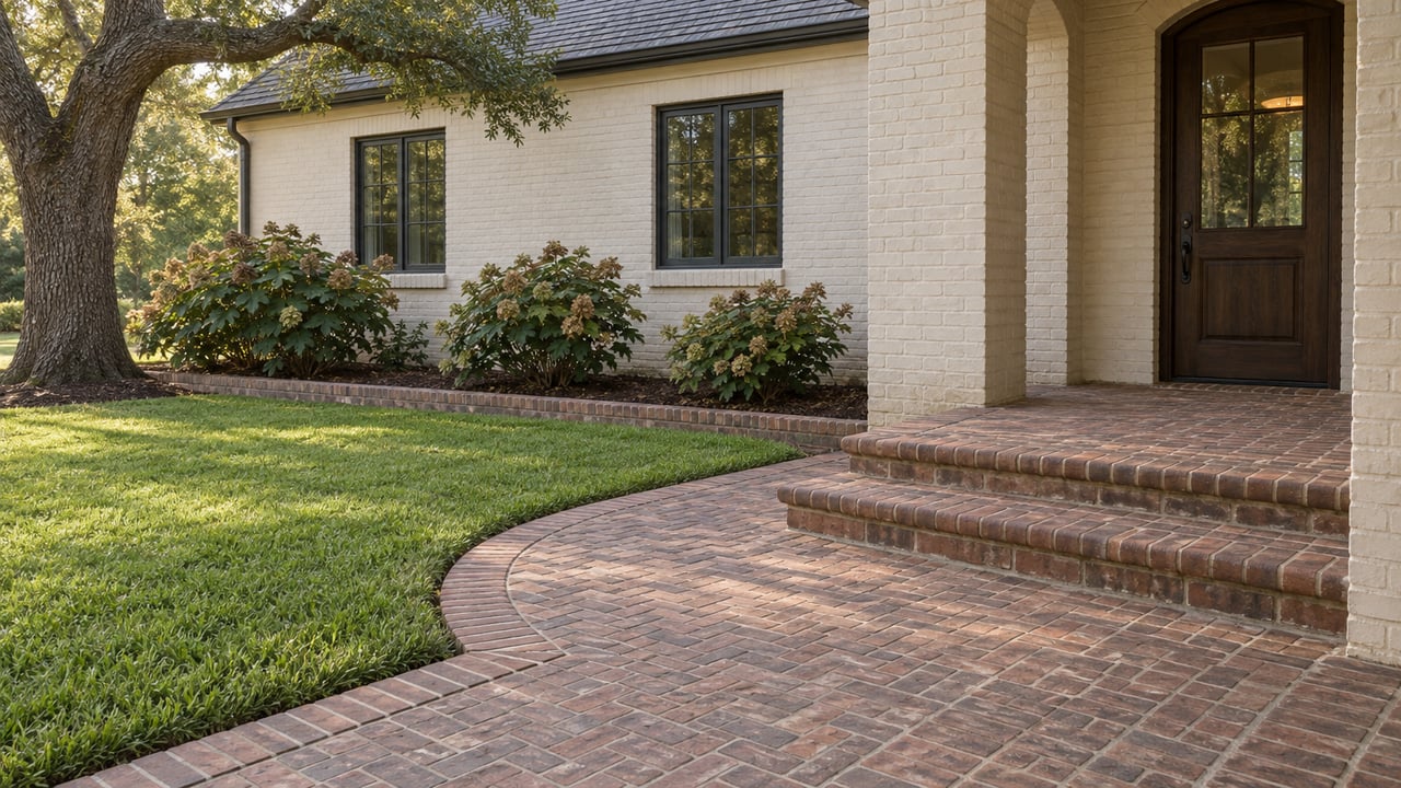 Covered brick porch and broad steps overlooking a curved brick walk, lawn, oakleaf hydrangeas, and an ivory painted-brick home.