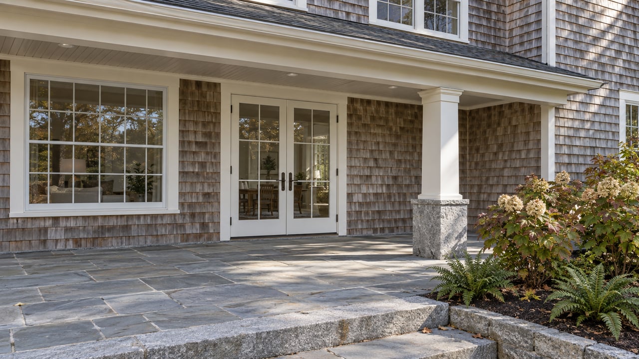Cedar-shingled home with white-trimmed glazed doors, a covered bluestone terrace and autumn oakleaf hydrangeas.