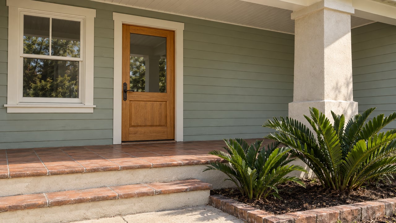 Sunlit sage-painted cottage entrance with an oak front door, cream porch column, worn terracotta steps and two coontie plants.
