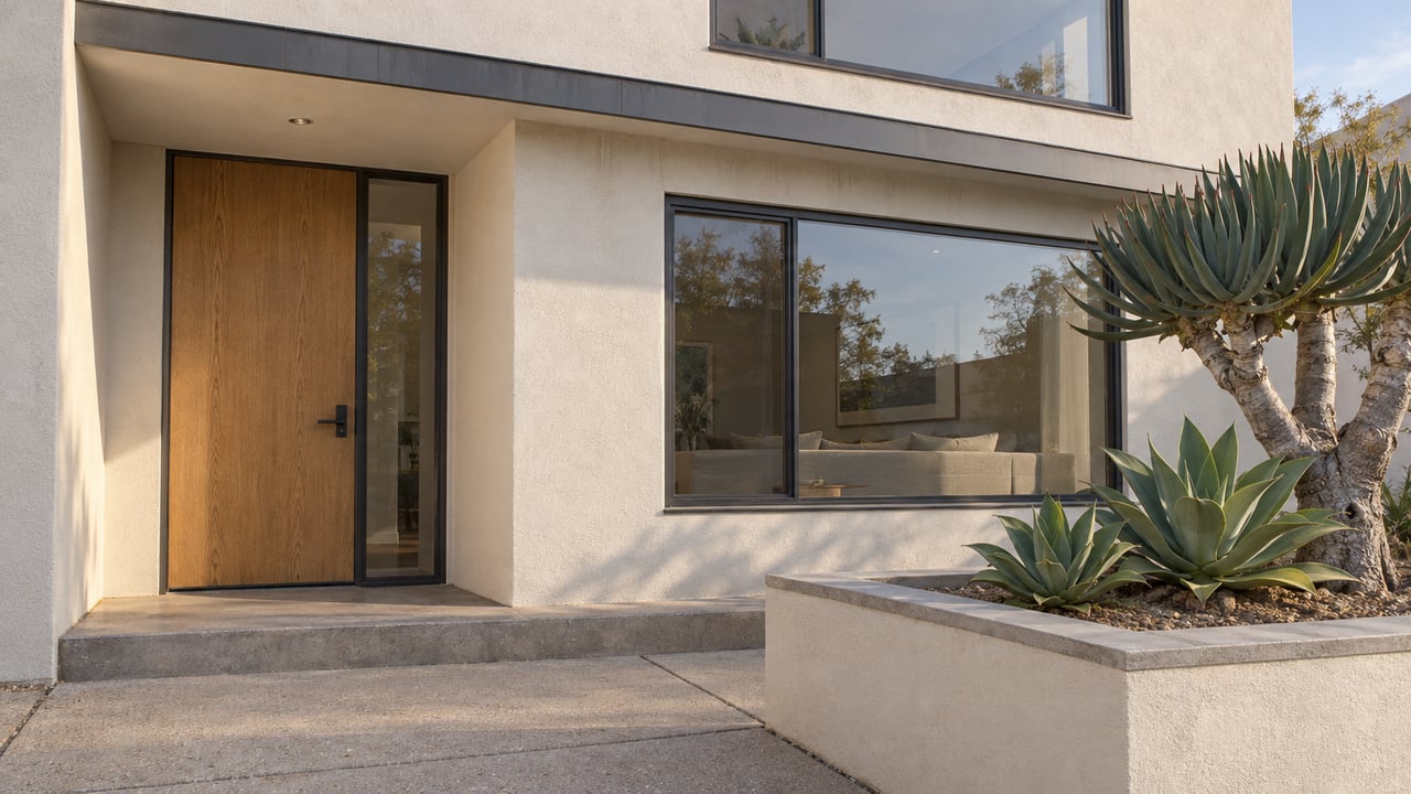 Warm afternoon light on a compact home's stucco facade, oak entry door, dark-framed windows, and raised planter with fan aloe and agaves.