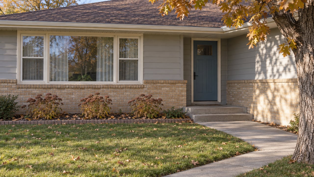 Autumn sunlight on a modest ranch home's brick and painted siding, with a blue front door, concrete approach, and oak leaves.