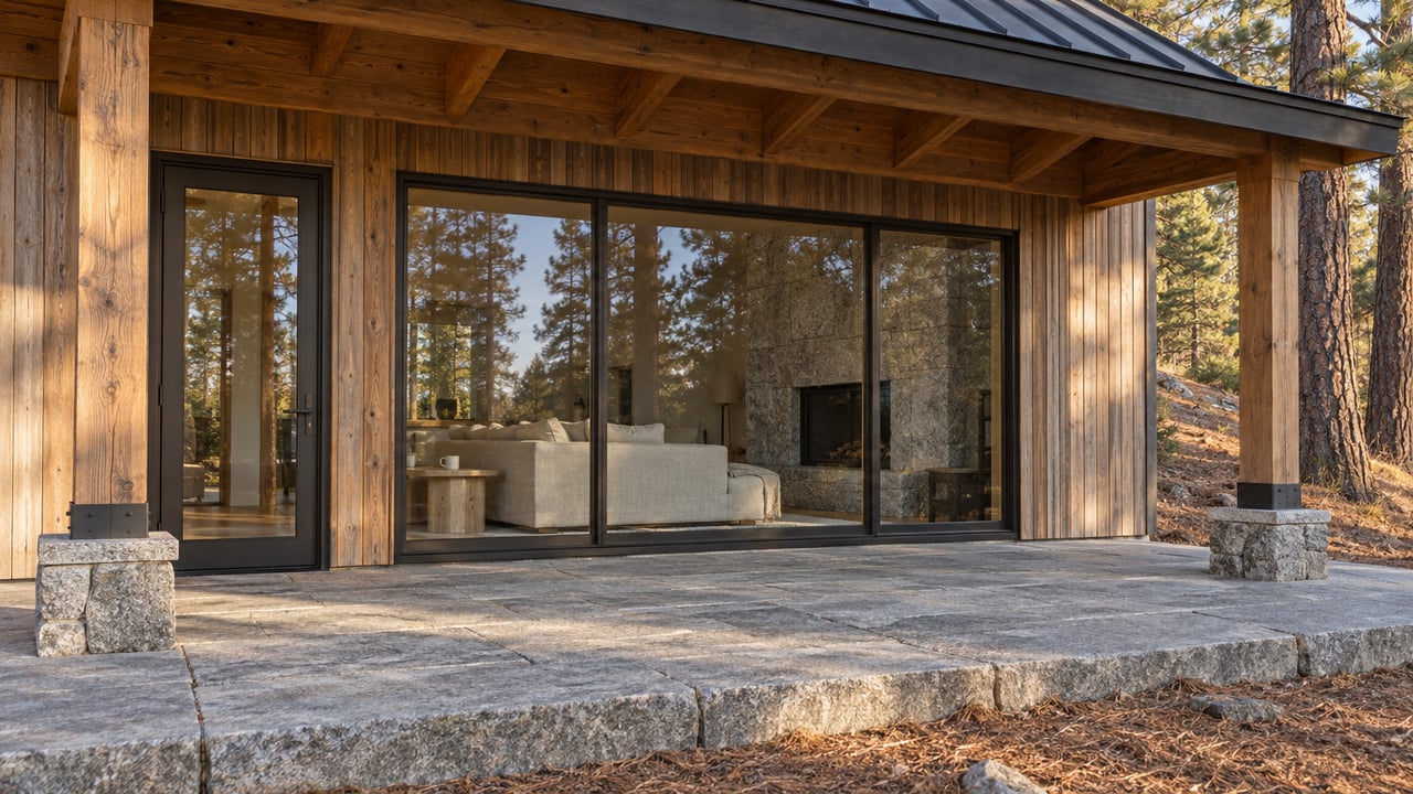 Cedar-clad home with a timber-covered granite terrace, bronze-framed glazing and mature pine trunks beside a wooded slope.