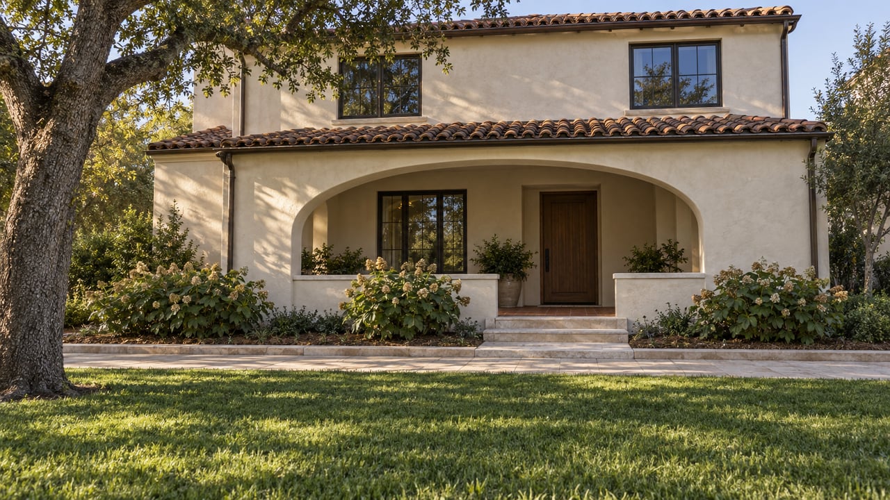 Cream stucco home with a terracotta roof and shaded arched porch across an open lawn, framed by a mature live oak.