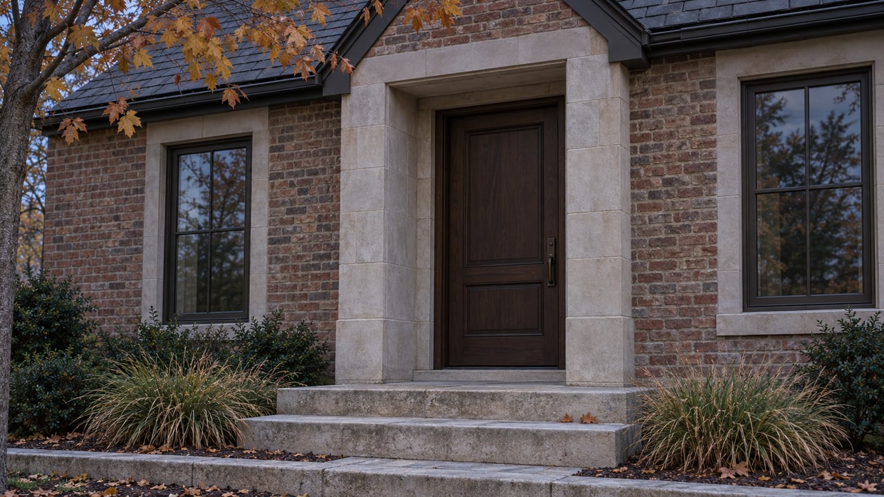 Recessed walnut entry door in red-brown brick, flanked by glazed windows and limestone steps beneath sparse amber leaves.