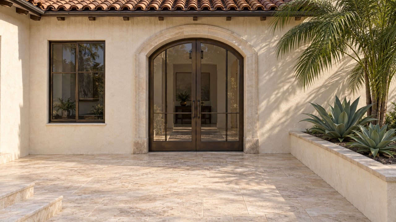 Cream-stucco home with a clay-tile roof, arched bronze-framed glass doors, limestone entry terrace and a planted raised bed.