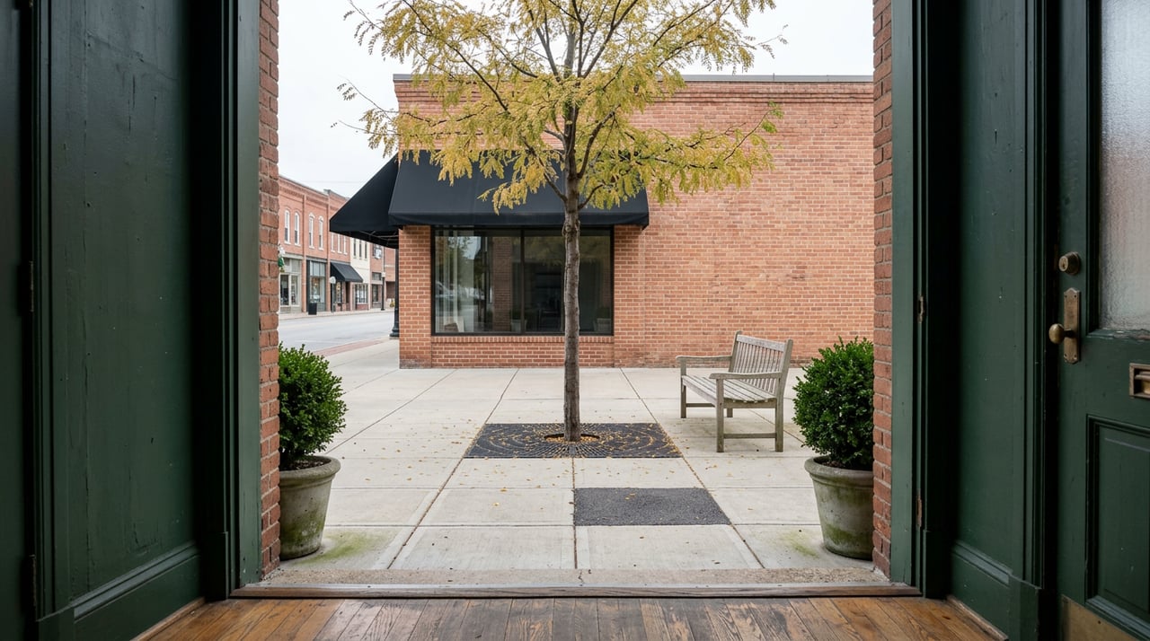 Brick storefronts face a sidewalk tree and faded bench, framed by a weathered green doorway.