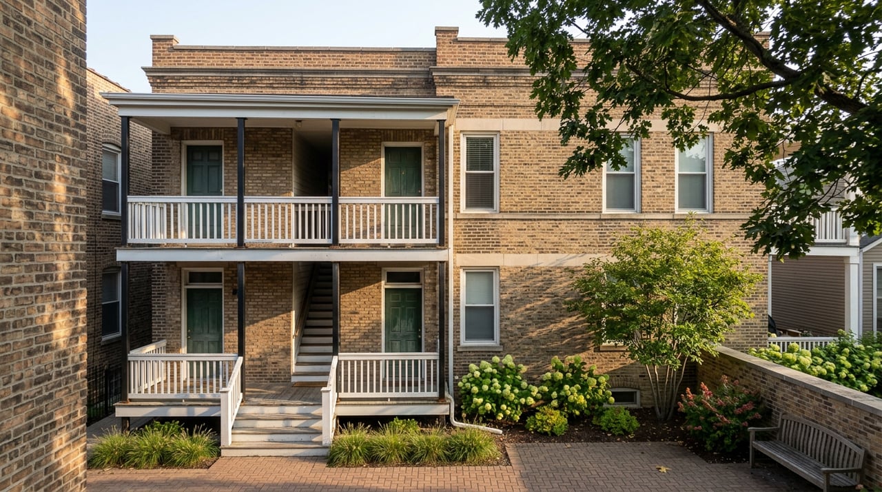 Three-level back porch overlooking a brick patio, garden wall, flowering shrubs, and oak branches.