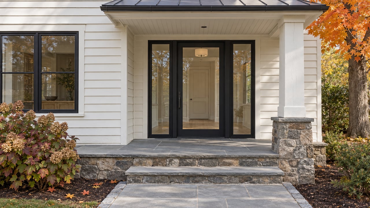 White clapboard entry with black-framed glazing, a bluestone landing and fieldstone foundation beside autumn oakleaf hydrangea.