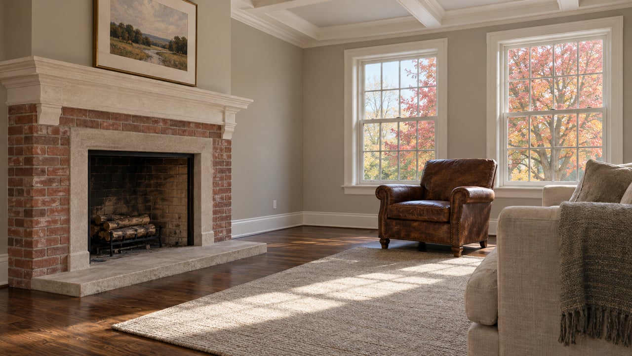 Living room with a red-brick fireplace, two tall windows, and a linen sofa beside a leather armchair.