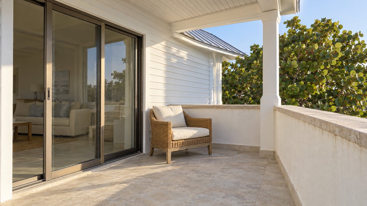 Sunlit covered porch with white clapboard, closed sliding glass doors, a woven chair and a sea grape canopy beyond a white parapet.