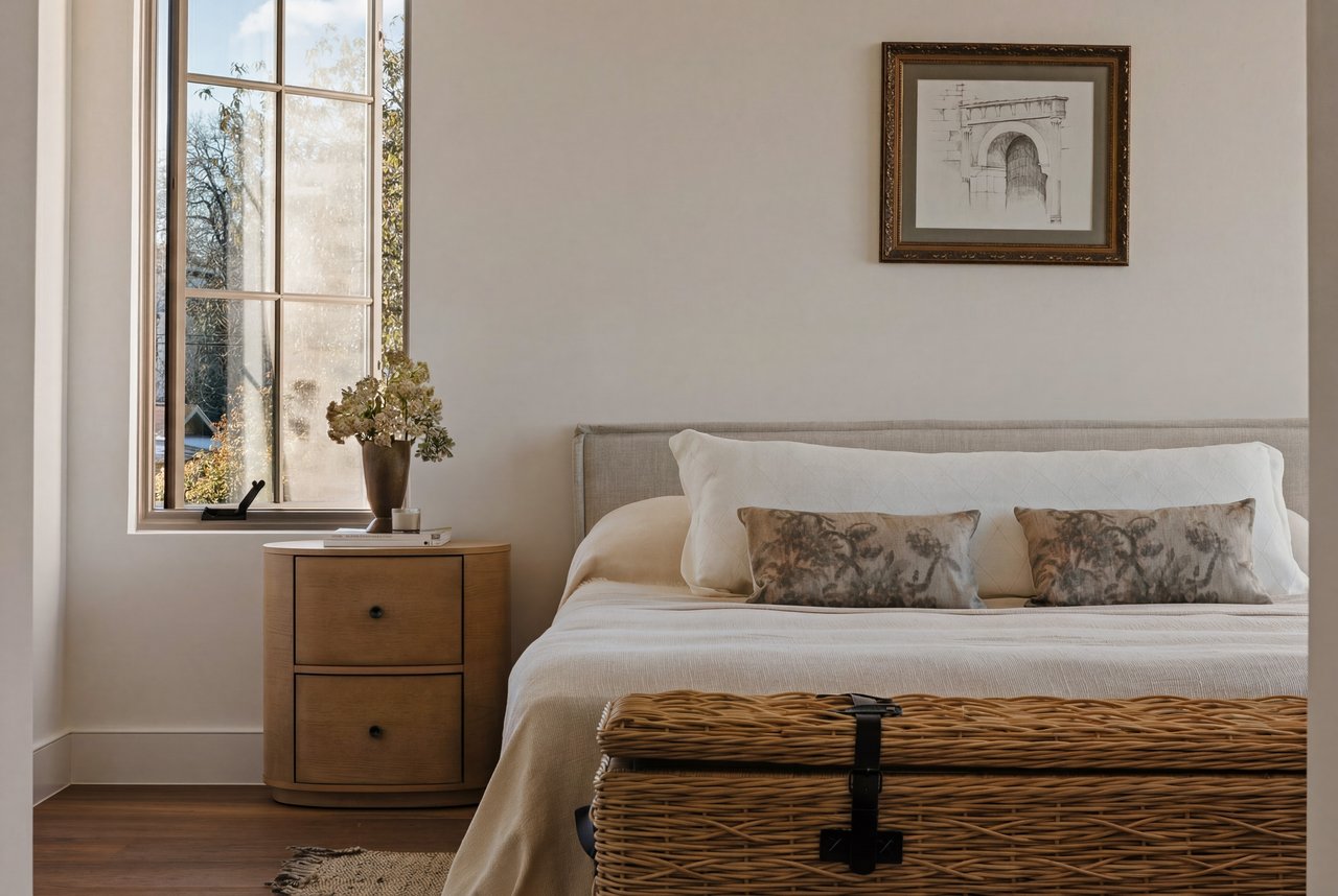 Bedroom with a white bed, wicker trunk, wooden bedside table, and tall sunlit window.