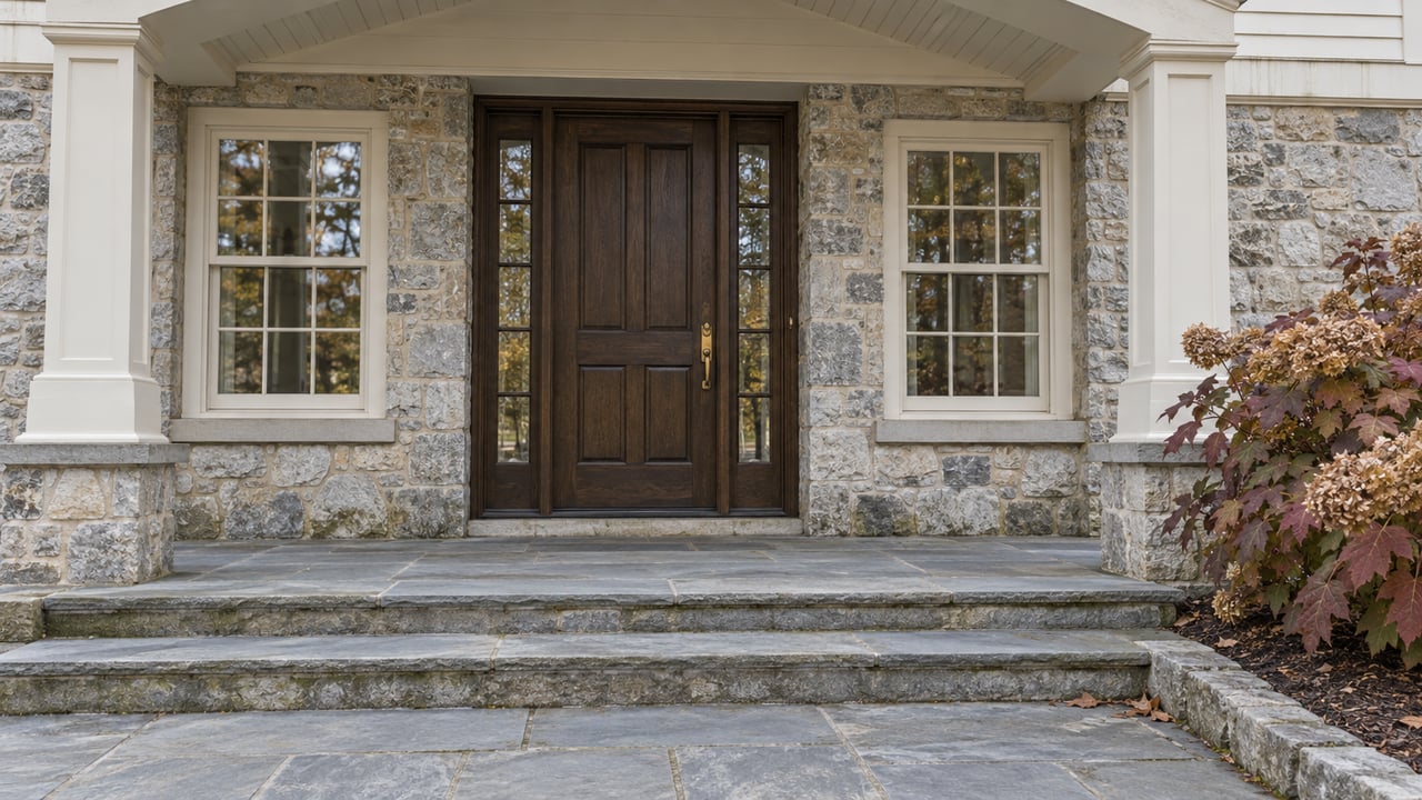 Pale fieldstone entrance with a dark oak door, paired windows, bluestone steps and burgundy oakleaf hydrangea under soft autumn daylight.