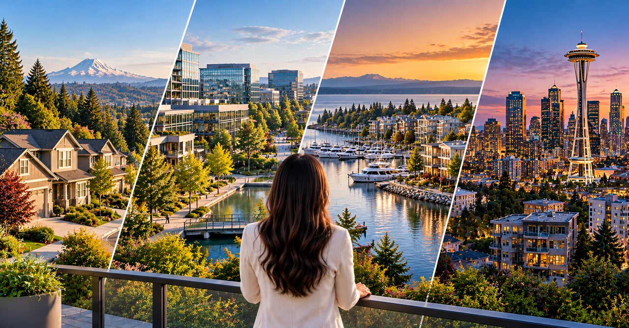 A woman overlooks a collage of homes, a marina, and Seattle’s skyline with the Space Needle.