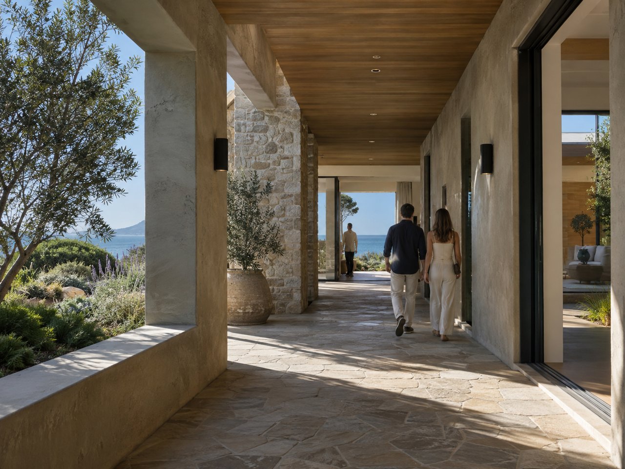 A sheltered architectural breezeway opens gradually toward coastal light, showing how orientation and protection can make a seaside residence feel refined.