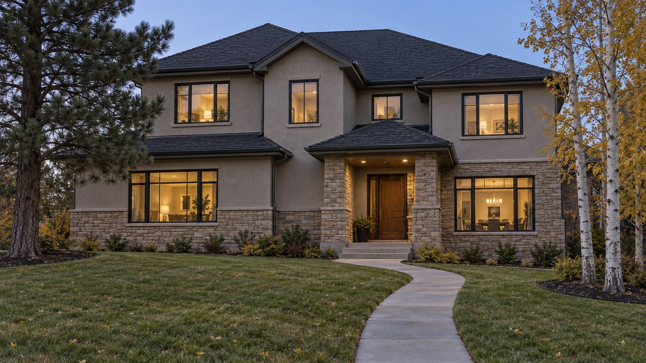 A substantial stone-and-stucco home across a deep front lawn at dusk, with warm windows and yellow-leaved aspens.