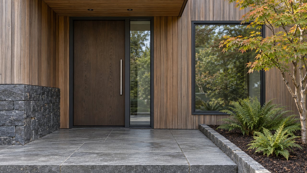 Sheltered cedar entrance with a dark oak door, charcoal-framed glazing, basalt stonework and a vine maple beside the stone landing.