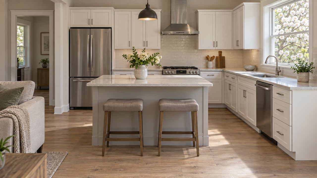 Compact white kitchen with a pale quartz island, two stools, oak-look flooring, and a window overlooking flowering dogwood.