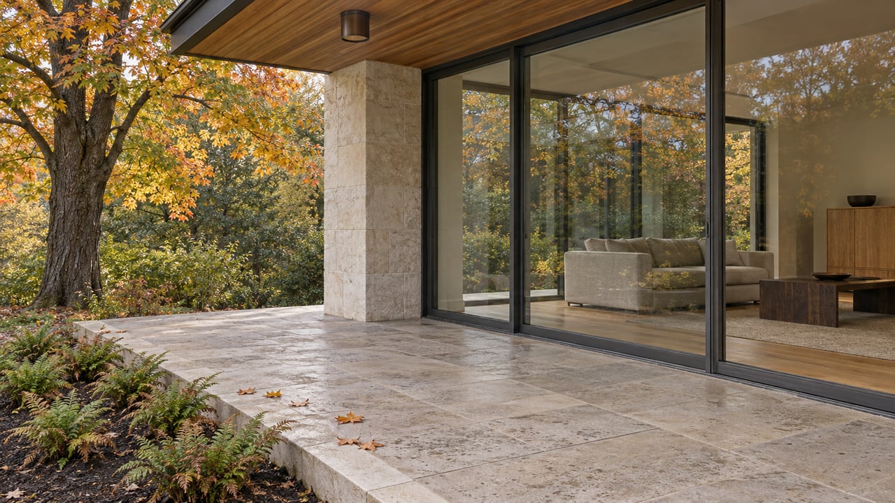 Covered limestone terrace beside a glass-enclosed living room, with pale oak finishes and an amber-leaved maple at the garden edge.
