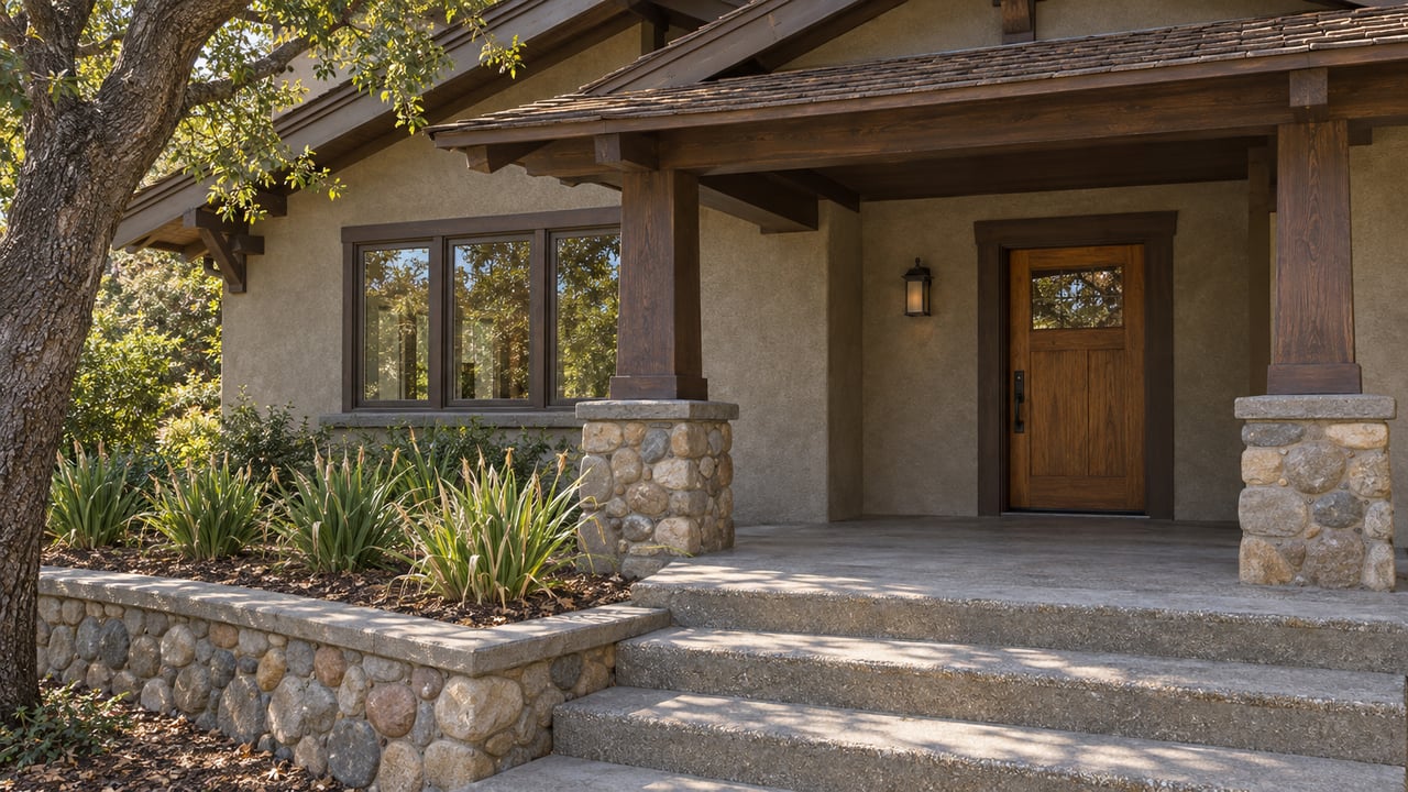 Timber porch with stone piers, a closed oak entry door, and broad concrete steps beside an oak-shaded iris terrace.