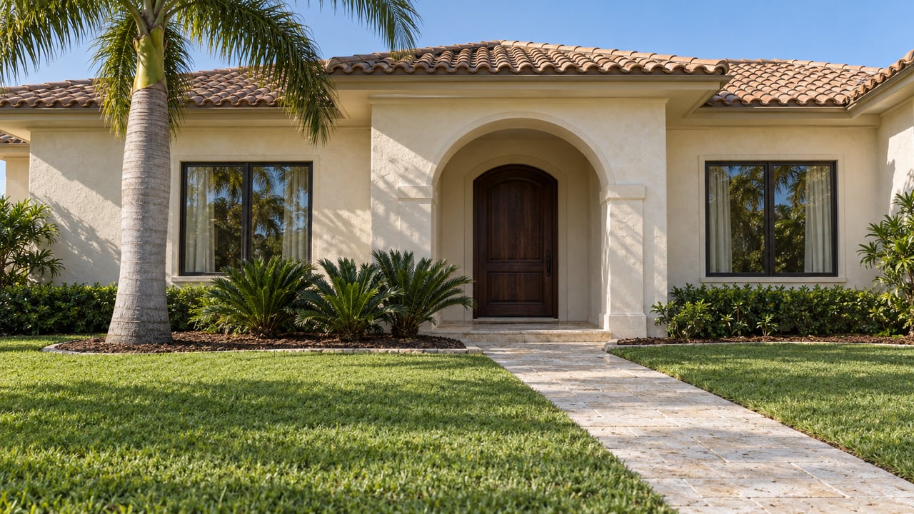 Ivory stucco home with a sand-colored tile roof, sheltered arched entry, limestone front walk, broad lawn, and one mature palm.