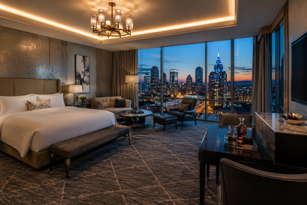 Elegant luxury hotel suite featuring contemporary furnishings, floor-to-ceiling windows overlooking the Nashville skyline at dusk, premium amenities, and sophisticated design, representing the upscale accommodations found at Nashville's best luxury hotels.