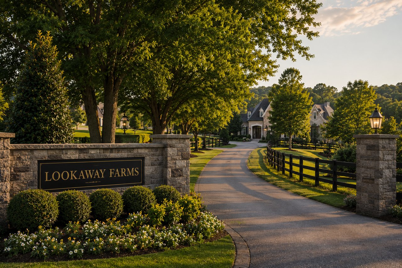 Luxury homes in Lookaway Farms in Franklin, Tennessee, featuring spacious estates, mature trees, manicured landscaping, and the peaceful upscale lifestyle of this Franklin community.
