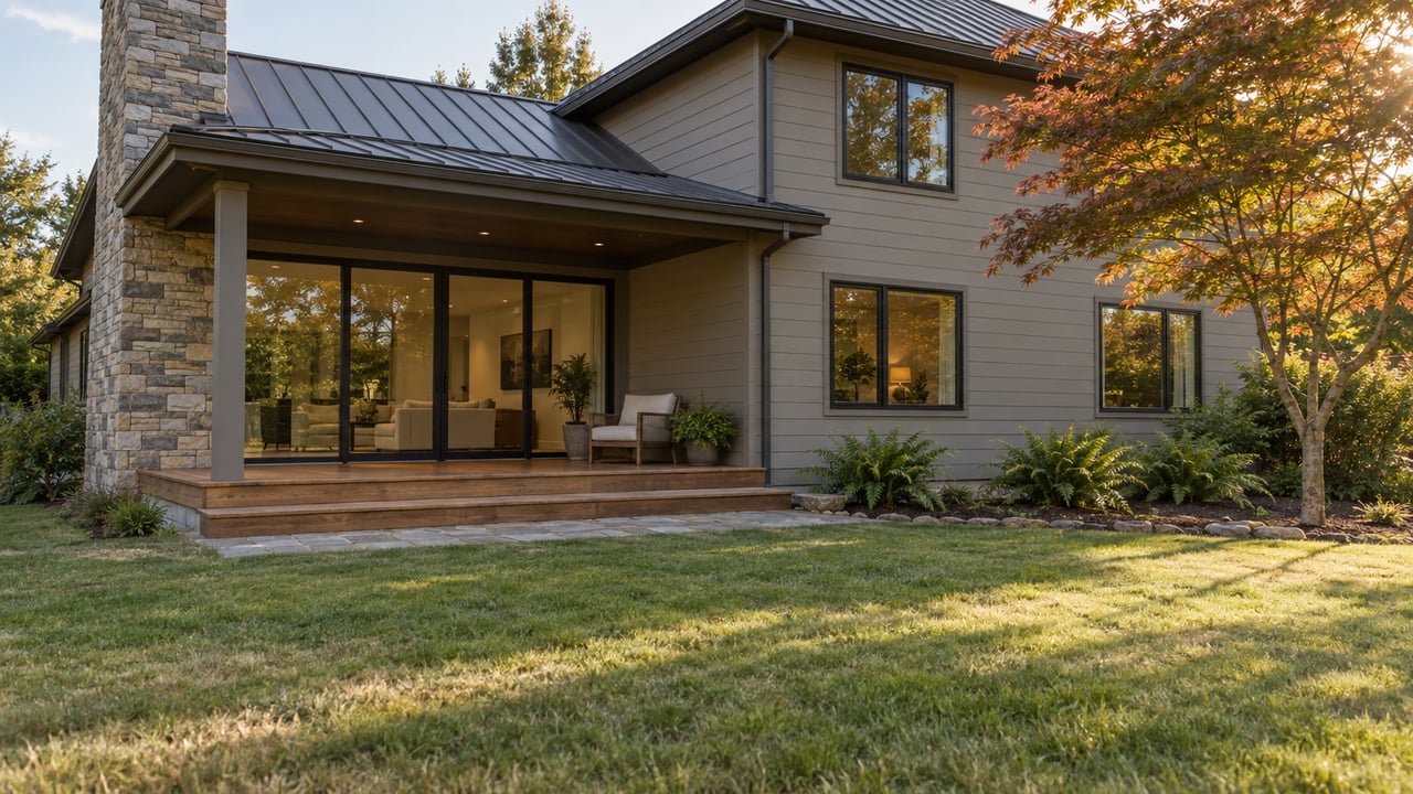 Two-story gray-sided home with a covered wood patio, sliding glass doors, and a broad lawn.