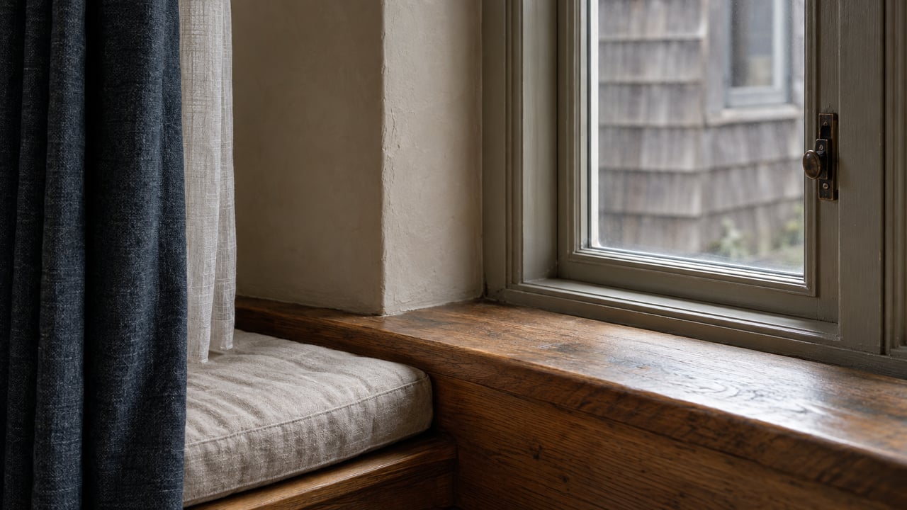 Deep-set timber window with an aged bronze latch above a worn oak sill and built-in bench.