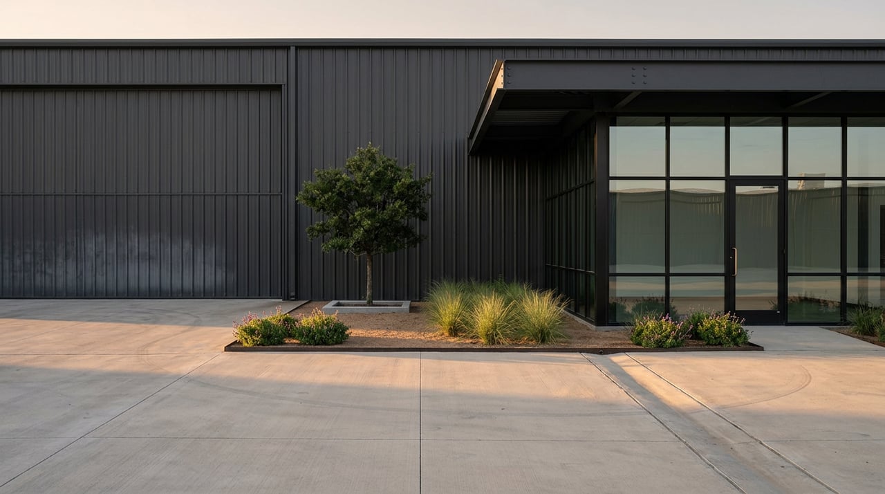 Industrial building corner with charcoal ribbed wall, glass office, steel canopy, and landscaped concrete apron.