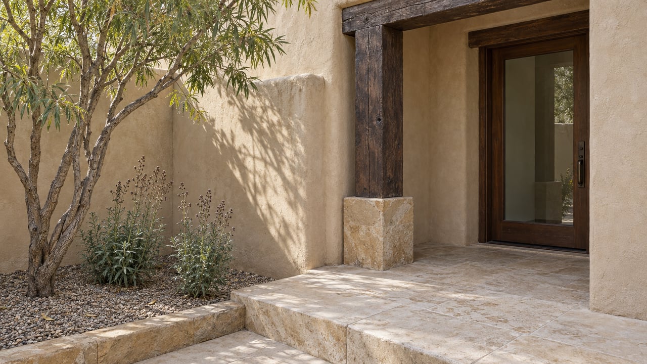 Sunlit stucco courtyard entry with a timber portal, wood-and-glass door, travertine landing and sculptural desert willow.