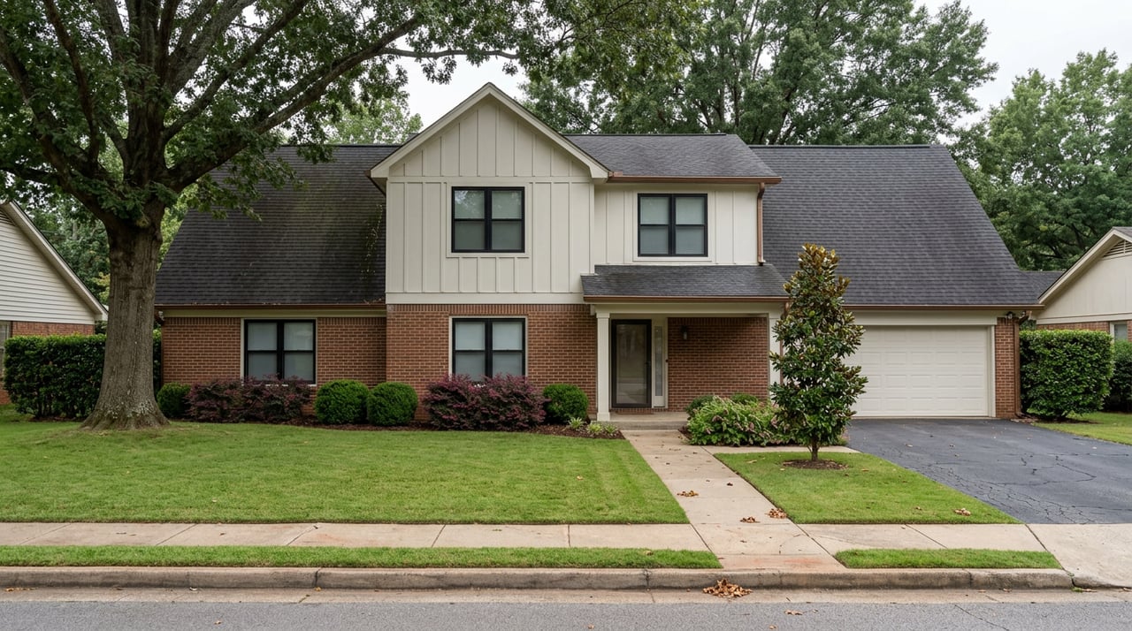 Two-story house with red-brown brick, off-white siding, attached garage, and broad lawn beneath a mature oak canopy.