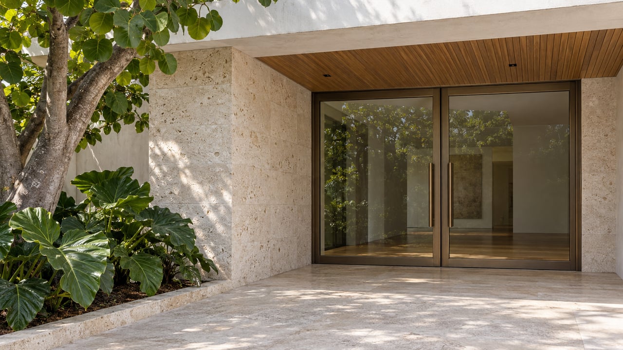 Modern home entrance with glass double doors, pale stone walls, and tropical landscaping.
