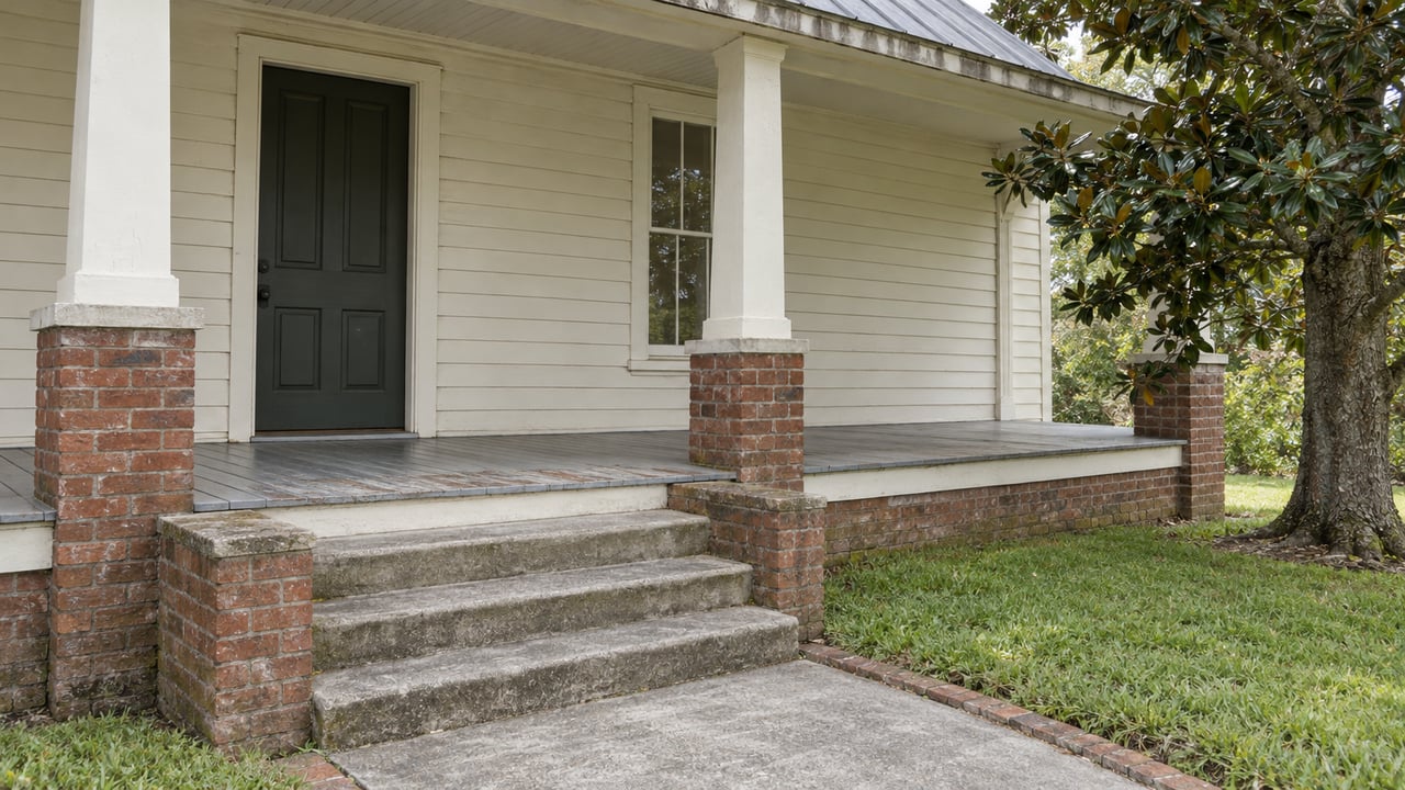 An older cream clapboard home's covered porch, brick-supported posts and worn concrete steps beside a magnolia and lawn.