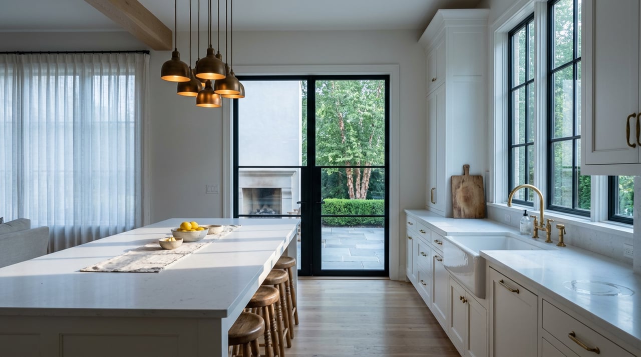 Kitchen with a quartz island, white shaker cabinets, bronze pendants, and garden beyond black-framed doors.