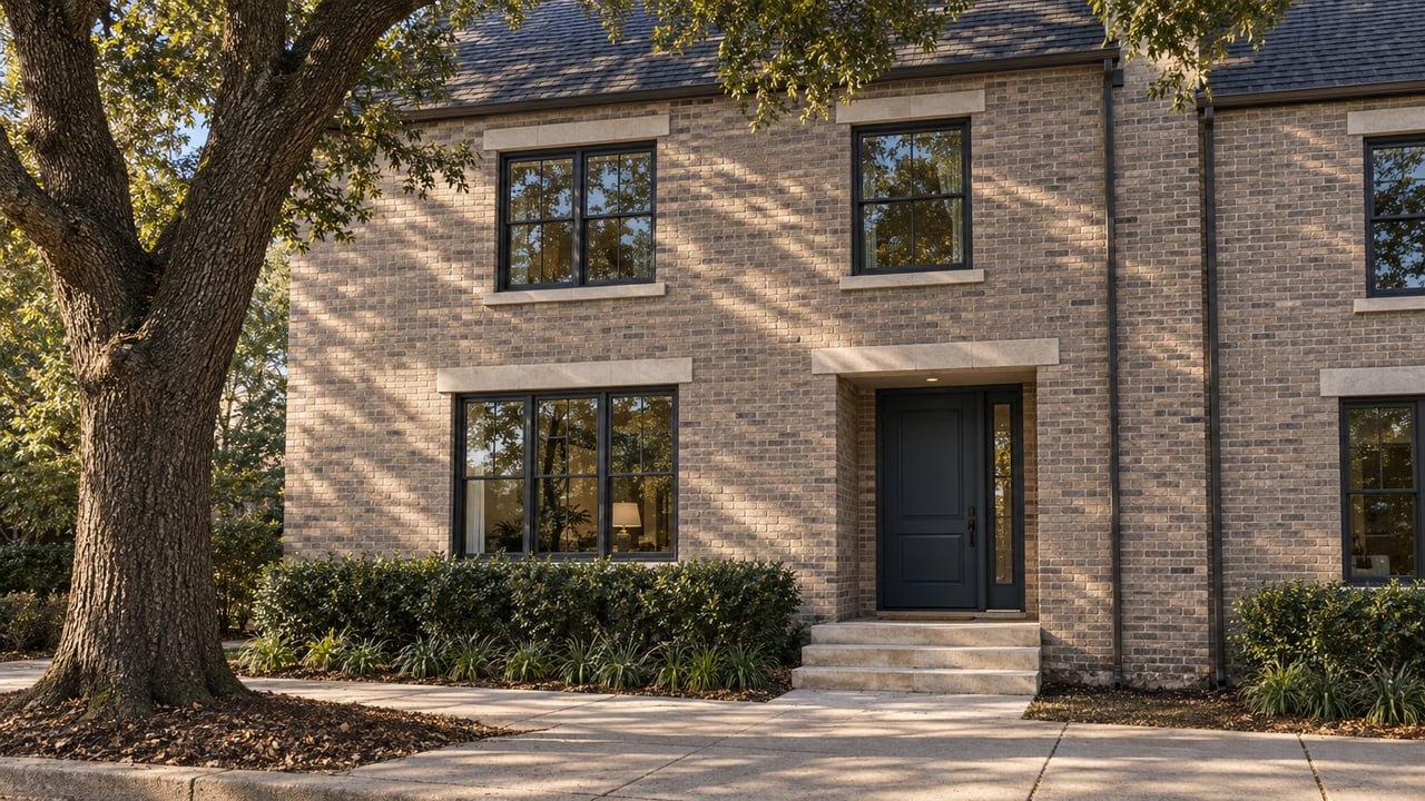 Two-story taupe-brick townhouse with a slate-blue door, limestone steps, and an oak shading the sidewalk.