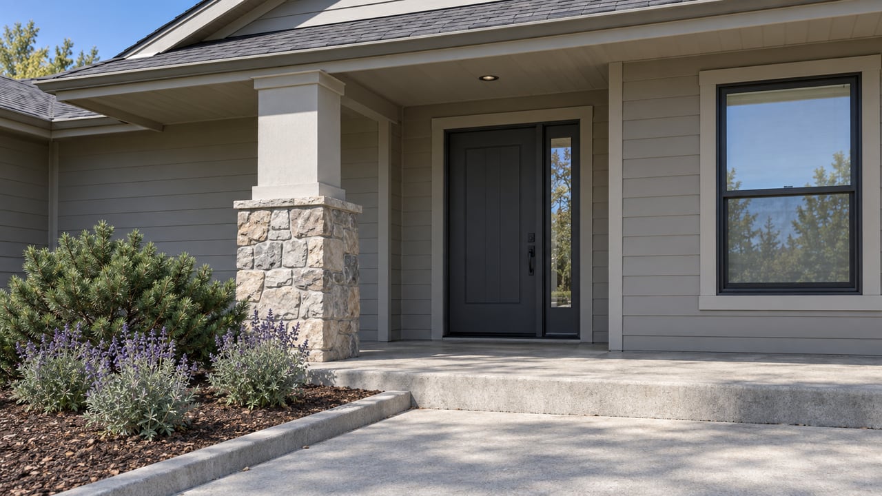 Sunlit covered entry of a single-story home with gray siding, a stone porch column and a neatly edged planting bed.