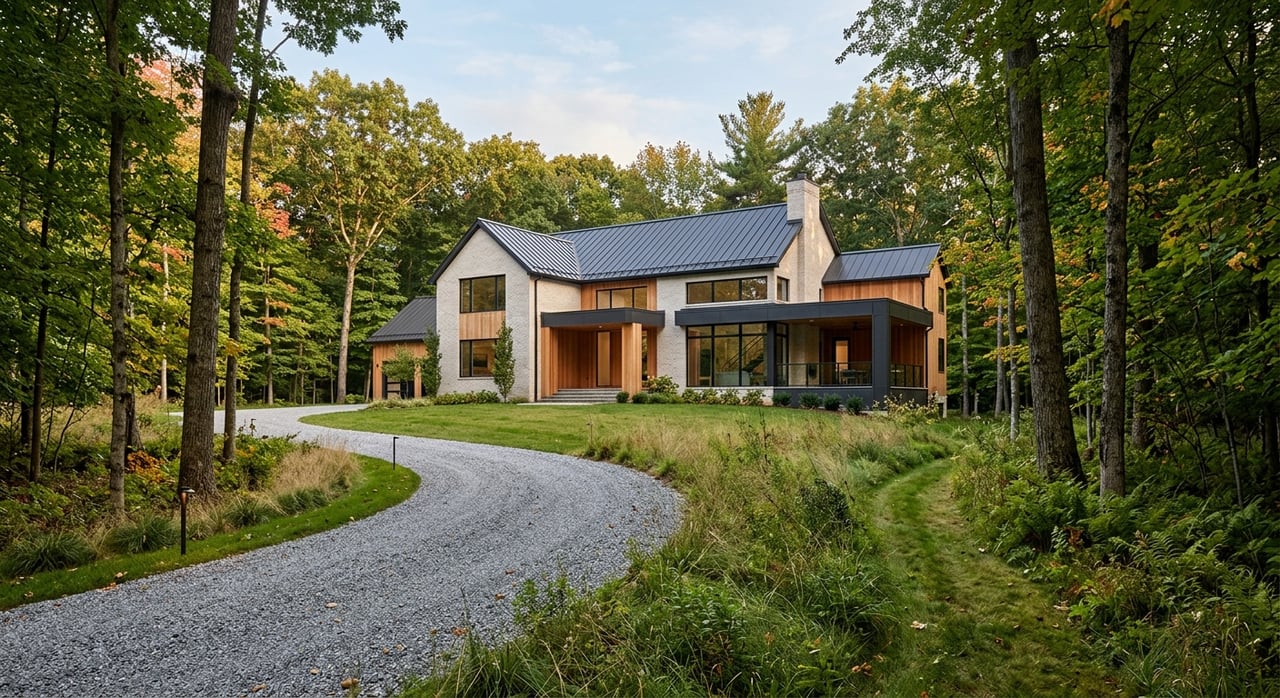 Limewashed brick-and-cedar home sits among trees beyond a gravel drive and narrow meadow path.