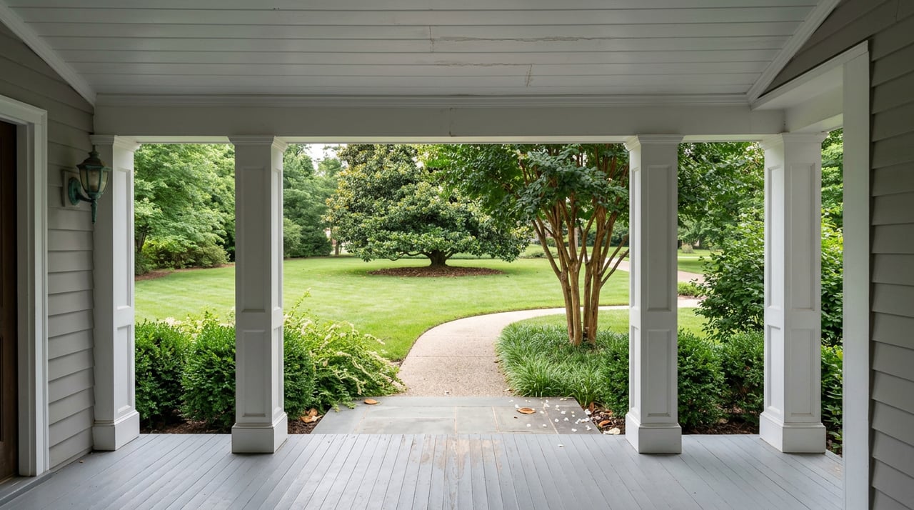 White portico columns frame a broad lawn with a rounded magnolia and a crape myrtle beside the walkway.