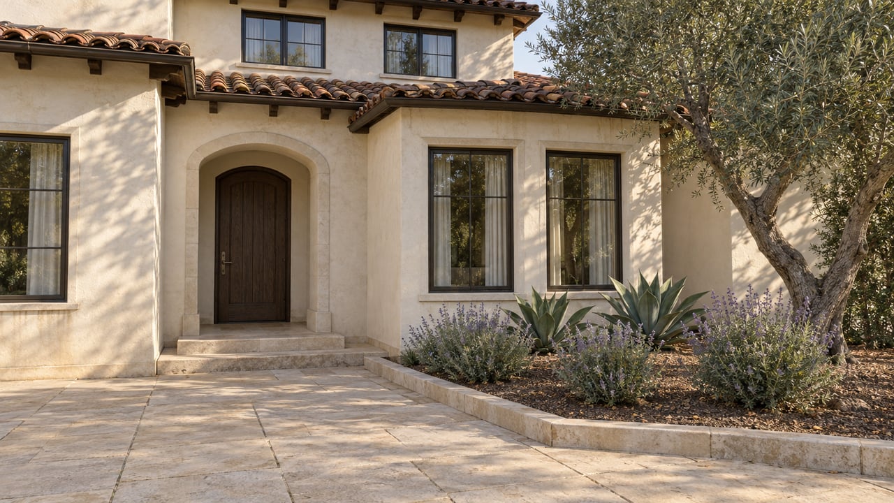 Ivory stucco residence with a clay-tile roof, arched oak entry, limestone approach and sculptural olive tree.