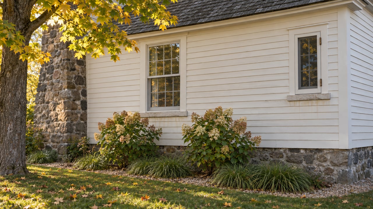 Cream clapboard house with fieldstone chimney, divided-light windows, and hydrangeas beneath a gold-tipped maple.