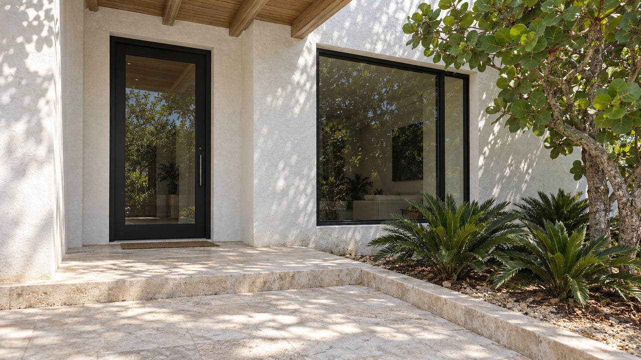 Sunlit pale-stucco home entrance with black-framed glass, a cedar-lined canopy, limestone paving, and sea grape planting.