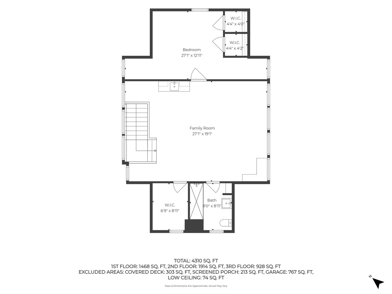 Floor plan with a large family room, bedroom, walk-in closets, bath, and total area of 4,310 square feet.