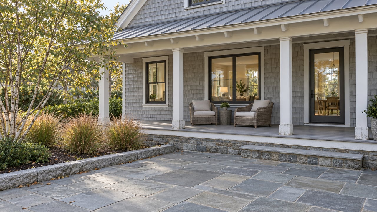 Silver-gray shingle house with a covered porch, wicker chairs, and a broad bluestone terrace bordered by grasses.