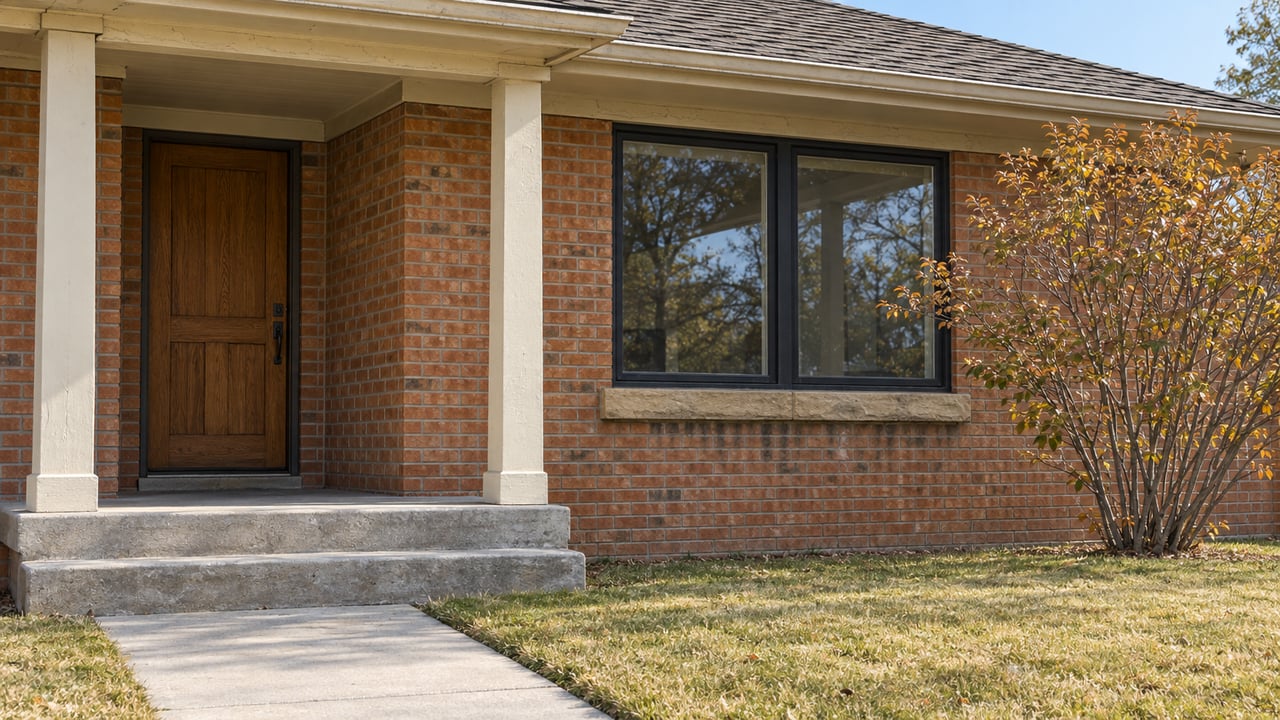 Red-brick bungalow porch with an oak door, paired windows, worn concrete steps and a small serviceberry in autumn foliage.