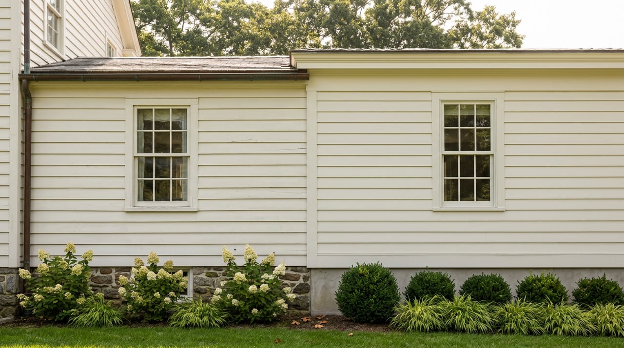 Clapboard house where an older wing meets a matching addition, marked by differing windows, gutters, and foundations.