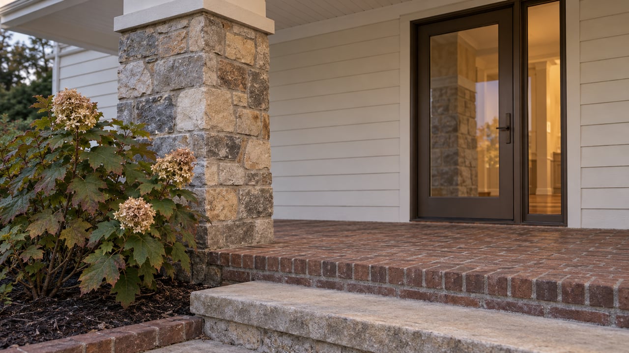Stone porch pier and bronze glazed entry beside cream siding, a brick porch and an oakleaf hydrangea in early-evening light.