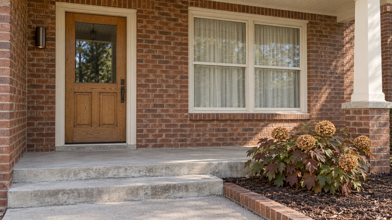 Updated brick home's oak front door and cream-trimmed window above weathered concrete porch steps, with burgundy oakleaf hydrangea beside the approach.