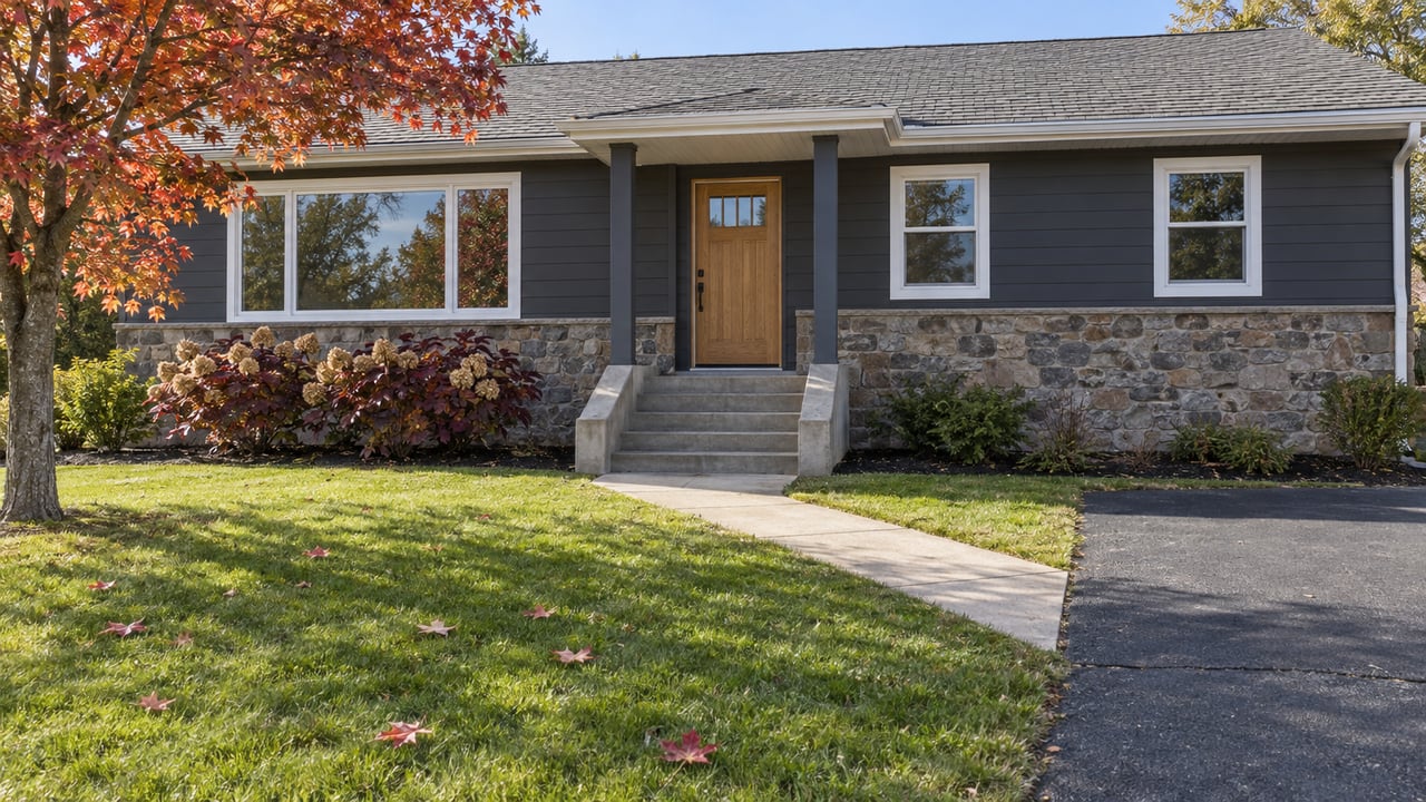 Stone-and-charcoal raised ranch with a deep front lawn, concrete entry walk, and a maple beginning to show autumn color.